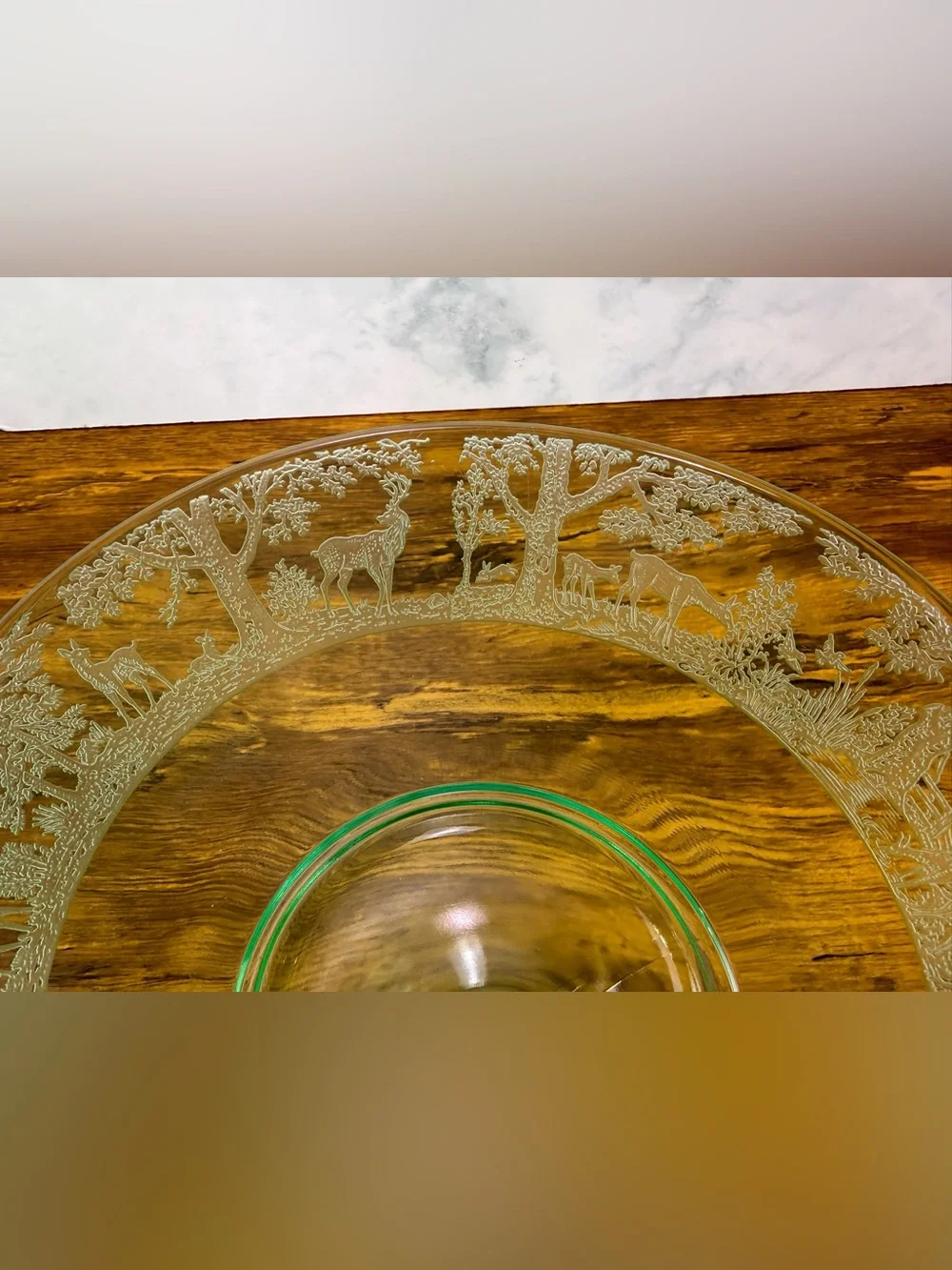 Vintage Tiffin Deerwood Uranium Glass Center Handle Tidbit Tray Etched Deer